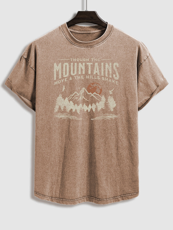 Men's "mountains" letter print retro casual crew neck T-shirt