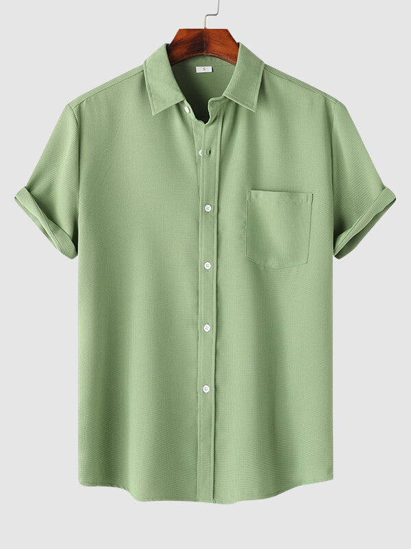 Men's Solid Color Waffle Textured Casual Short Sleeve Shirt