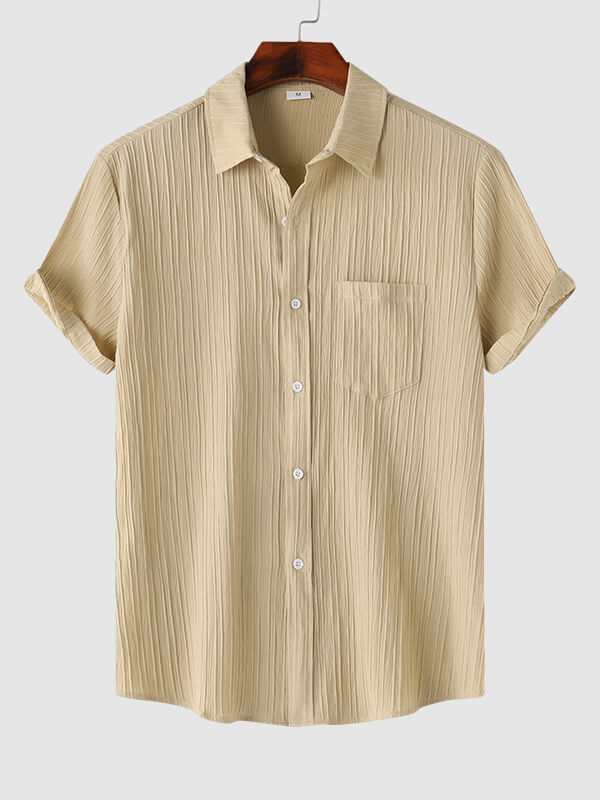 Men's solid color striped textured casual button-down Short Sleeve Shirt