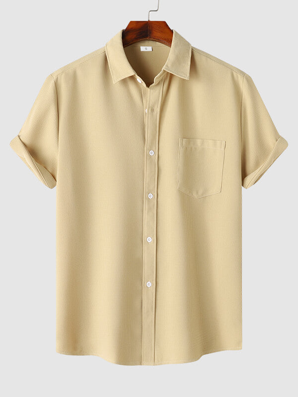 Men's Solid Color Waffle Textured Casual Short Sleeve Shirt