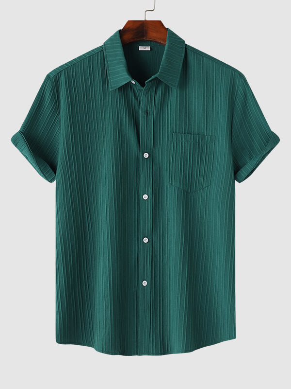 Men's solid color striped textured casual button-down Short Sleeve Shirt