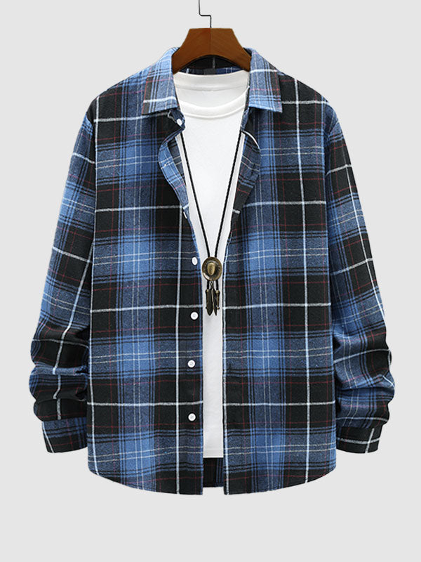 Men's Plaid Blended Wool Casual Shirt Long Sleeve