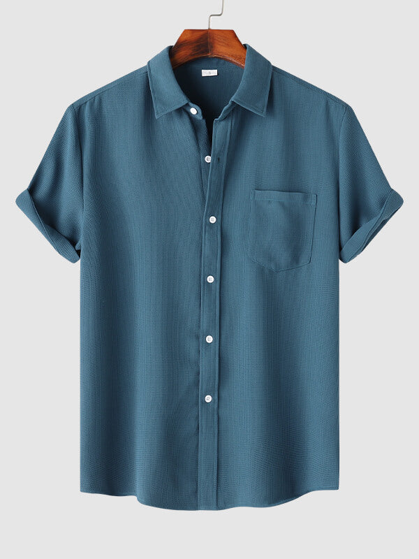 Men's Solid Color Waffle Textured Casual Short Sleeve Shirt