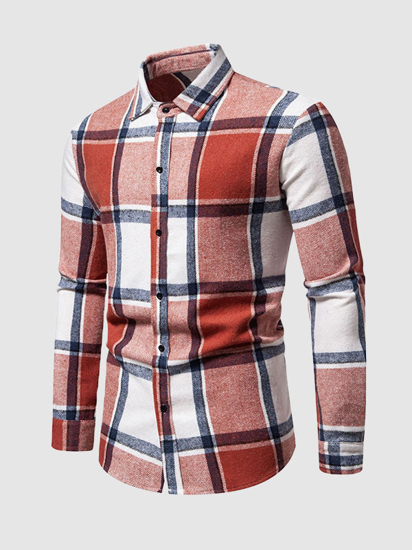 Men's Casual Check brushed  Long Sleeve Lapel Shirt