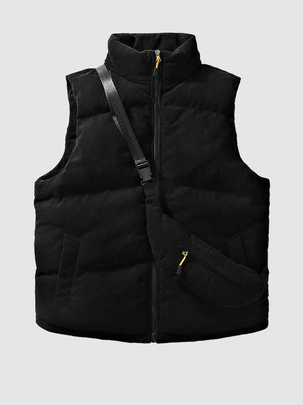 Men's winter corduroy solid color stand collar zipper fly down puffer vest with bag