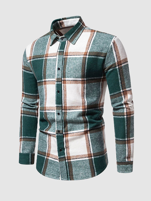 Men's Casual Check brushed  Long Sleeve Lapel Shirt