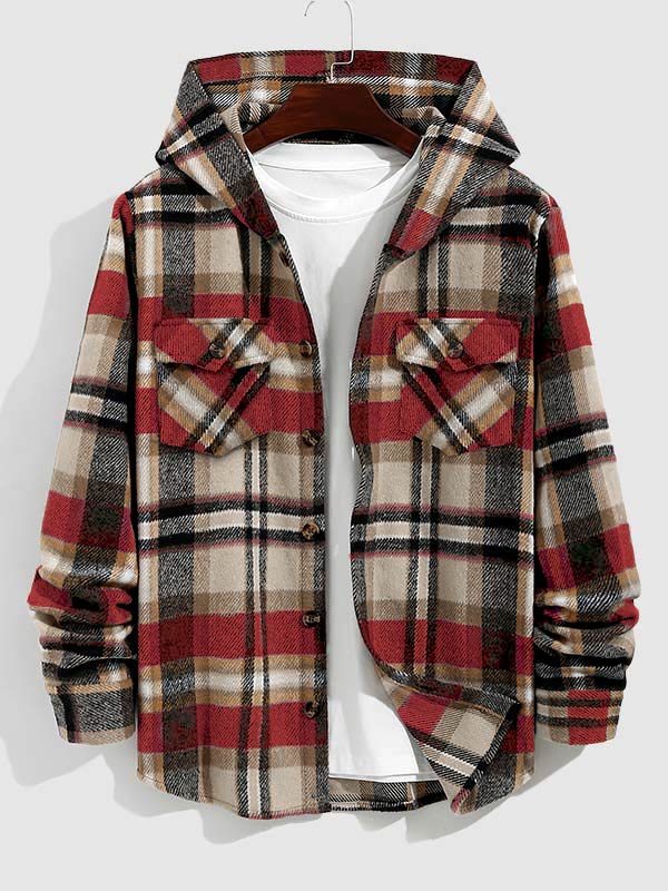 Men's Plaid Hooded Wool Blend Lapel Shirt Jacket Corduroy Casual Pants