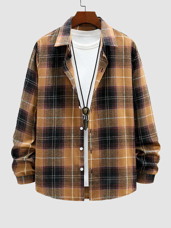 Men's brushed plaid shirt woolen long-sleeved shirt