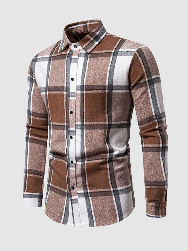 Men's Casual Check brushed  Long Sleeve Lapel Shirt