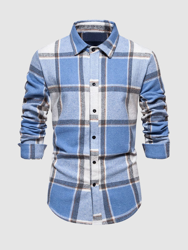 Men's Casual Check brushed  Long Sleeve Lapel Shirt