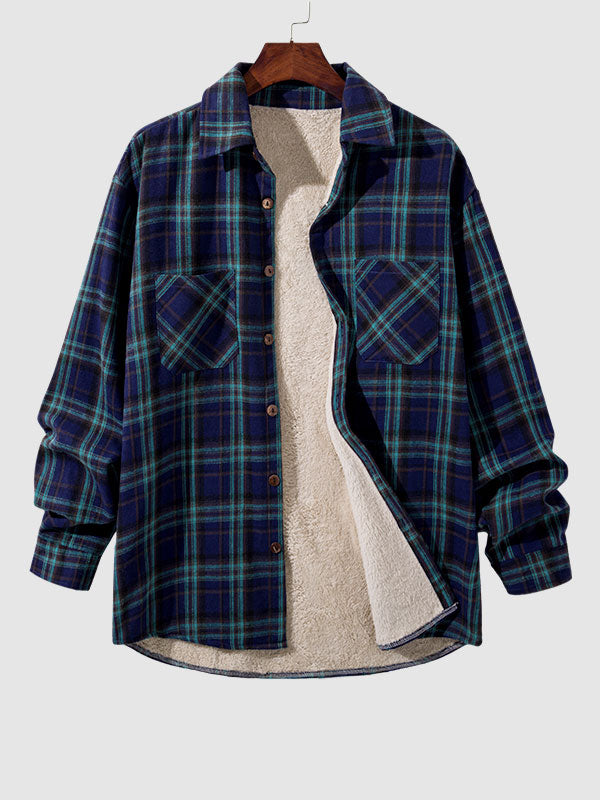 Men's Vintage Plaid Button Fleece-lined Casual Warm Shirt Jacket