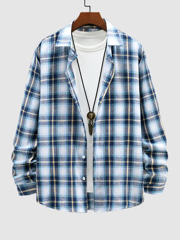 Men's brushed plaid wool blend casual long sleeve shirt