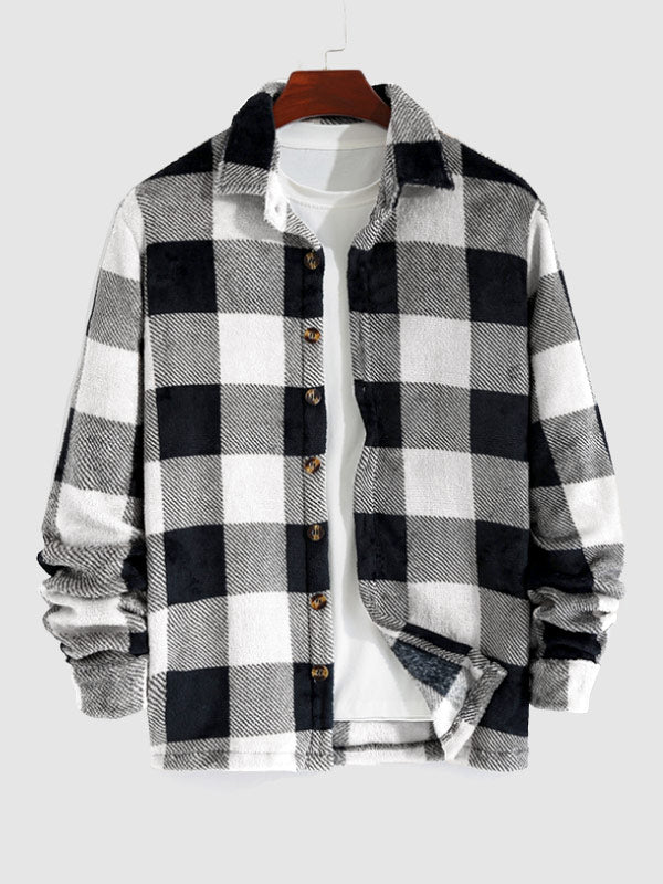 Men's vintage plaid flannel lapel button-down shirt jacket