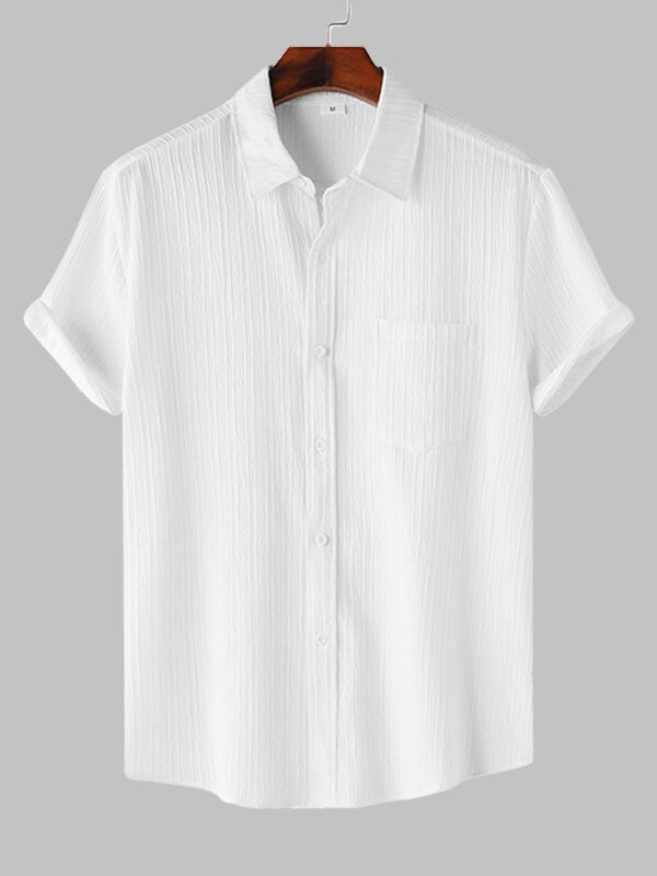 Men's solid color striped textured casual button-down Short Sleeve Shirt