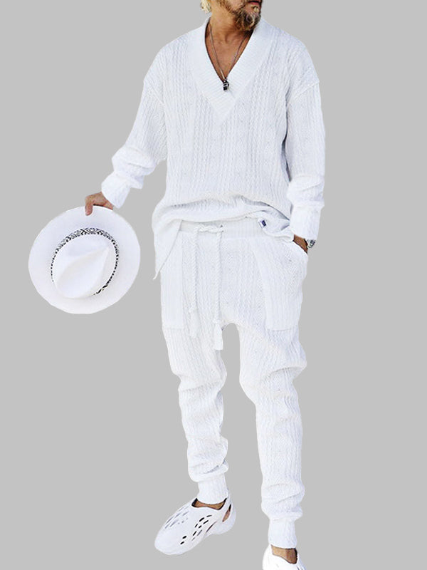 Men's textured twist knitted V-neck casual set