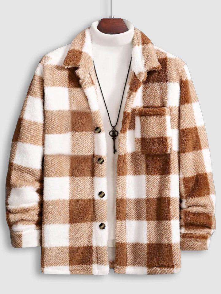 Men's Single Pocket Plaid Fleece Button Jacket