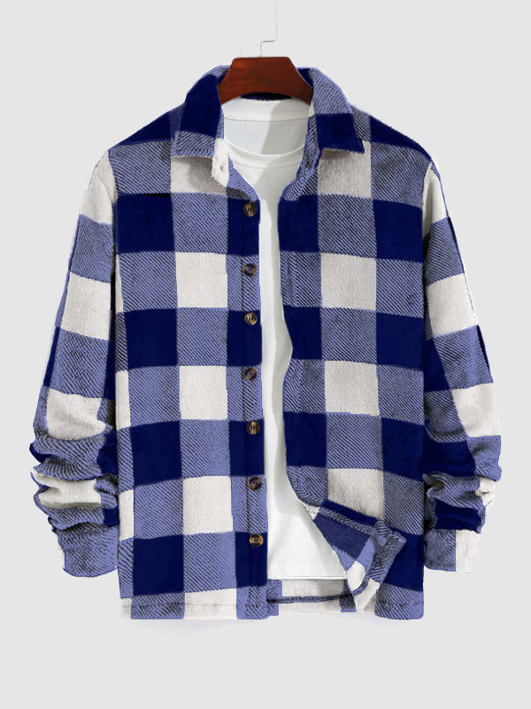 Men's vintage plaid flannel lapel button-down shirt jacket