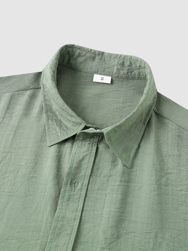 Men's solid color linen type cloth casual short-sleeved shirt