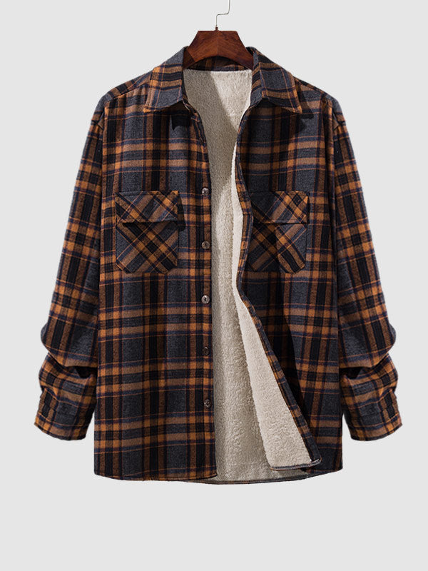 Men's Plaid Double Pocket Fleece-lined Thermal Shirt Jacket