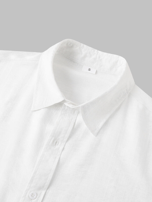 Men's solid color linen type cloth casual short-sleeved shirt