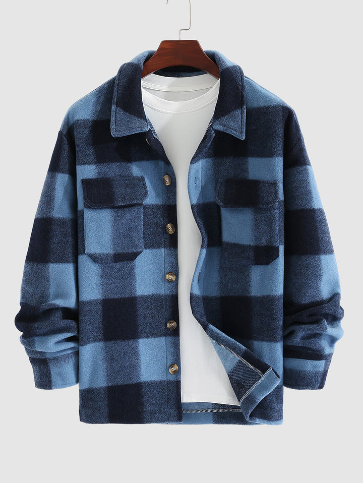 Men's Plaid Wool Blend Long Sleeve Shirt Jacket