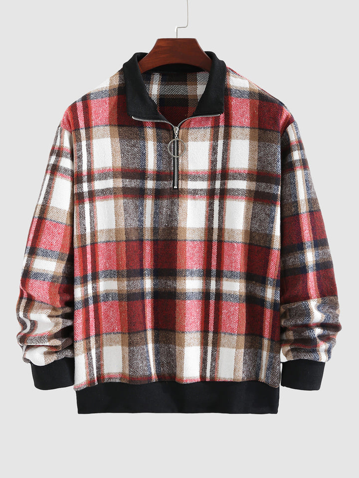 Men's Vintage Plaid Wool Blend Stand Collar Zip Sweatshirt