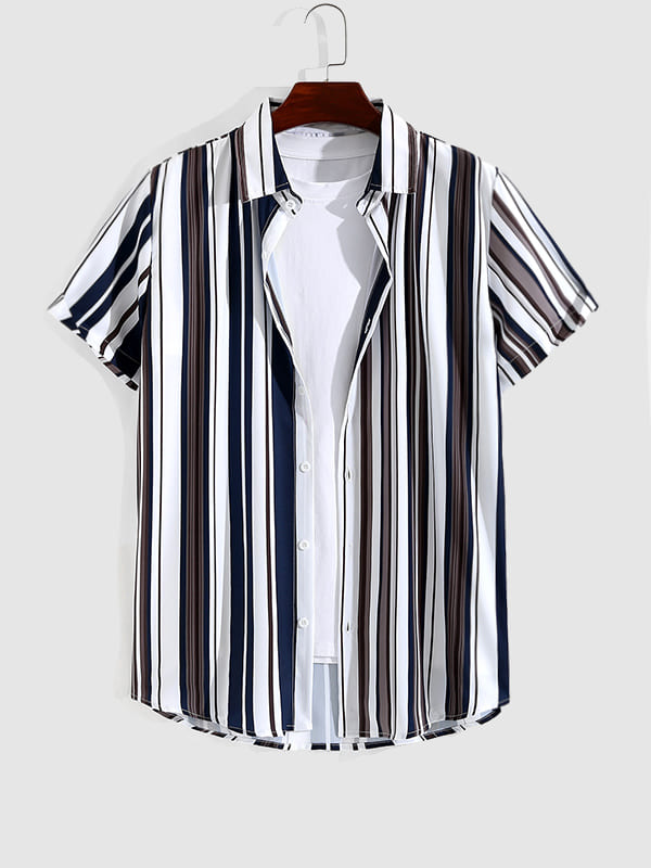 Men's Casual Printed Striped Short Sleeve Shirt