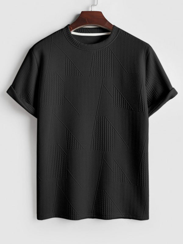 Geometric jacquard round  neck short sleeved T-shirt BLack