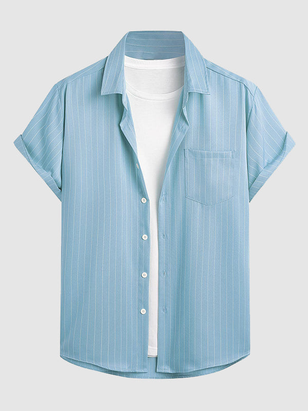 Men's Striped Single Pocket Casual Short Sleeve Shirt