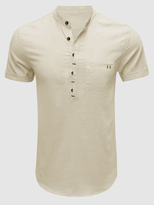 Men's cotton-linen Henley collar solid color short-sleeved shirt