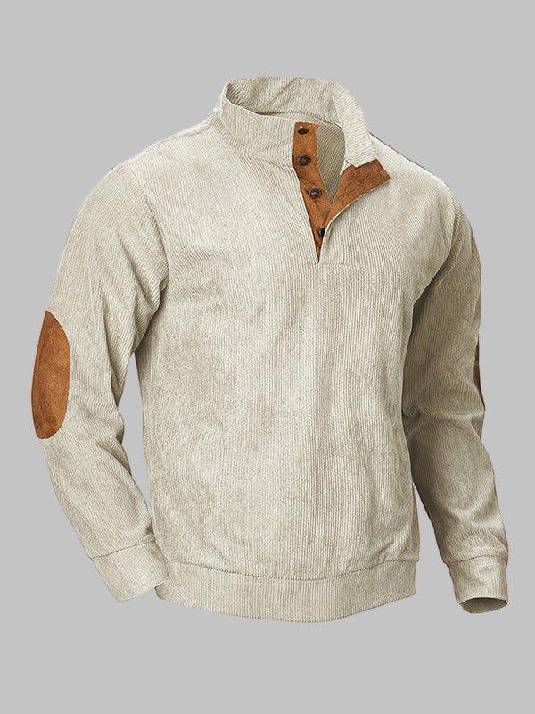 Men's retro corduroy patchwork casual stand collar sweatshirt