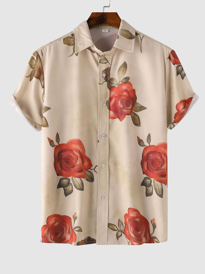 Men's Rose Flower Print Casual Short Sleeve Shirt