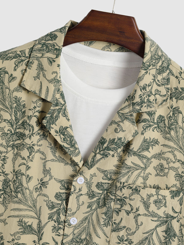 Men's Cuban Collar Floral Casual Short Sleeve Shirt