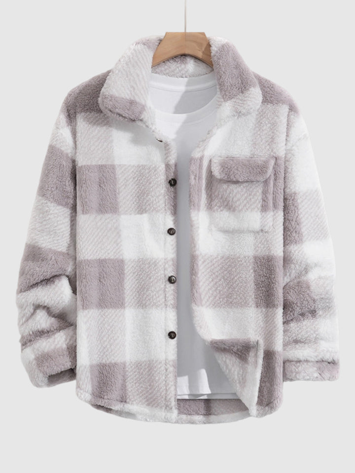 Men's Classic Plaid Fluffy Faux Fur Single Pocket Button Lapel Jacket