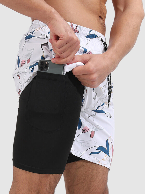 Men's Bamboo Leaf Print Double-Layer Sport Swim Trunks with Pockets