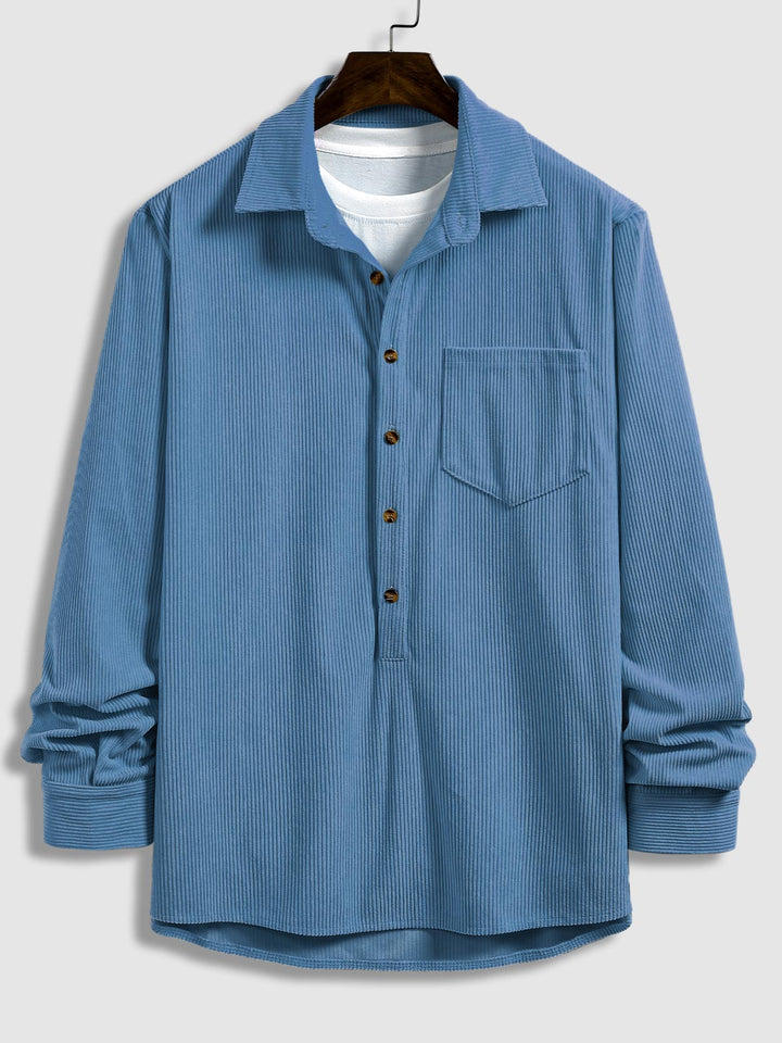 Men's Corduroy Lapel Half Button Long Sleeve Shirt