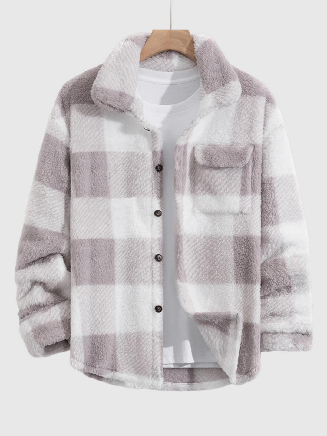 Men's Classic Plaid  Fluffy Faux Fur Single Pocket Button Lapel Jacket