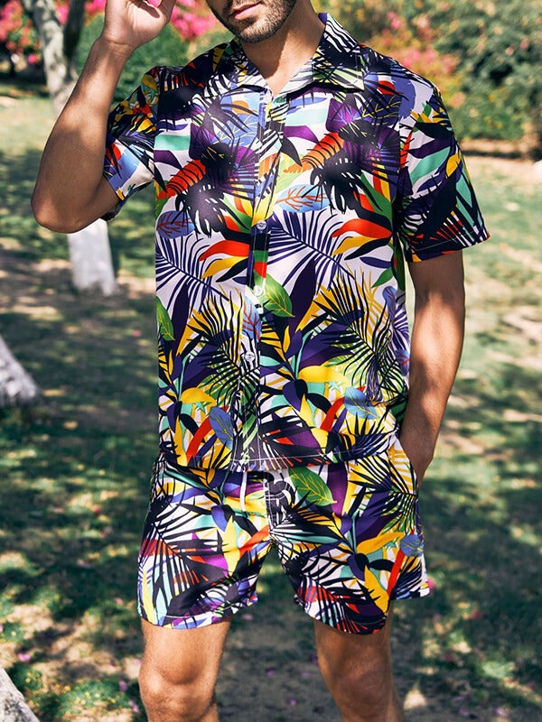 Men's Hawaiian print short-sleeved casual button-front resort shirt + casual shorts two-piece set