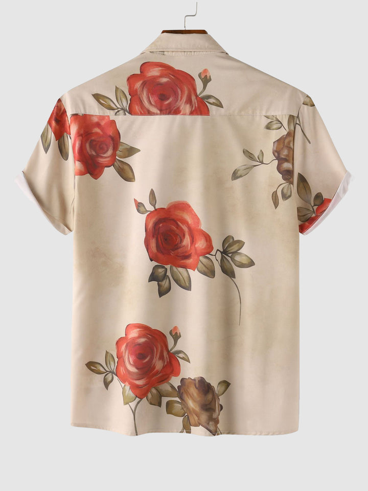 Men's Rose Flower Print Casual Short Sleeve Shirt