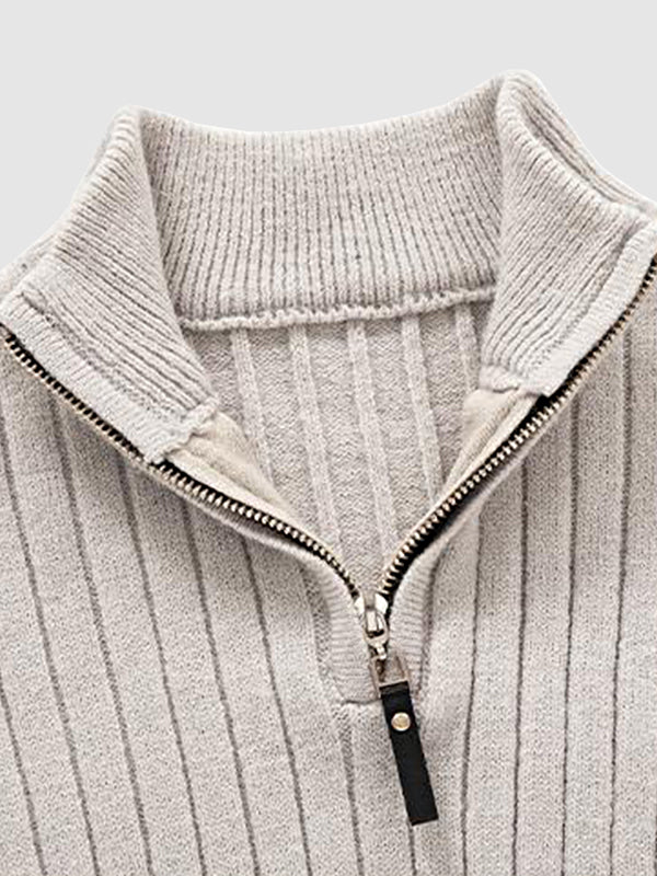 Men's Solid  Cable Casual Zip Stand Collar Sweater