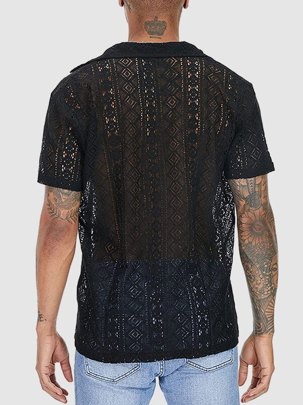 Men's Lace Hollow Loose Fit Cuban Collar Short Sleeve Shirt