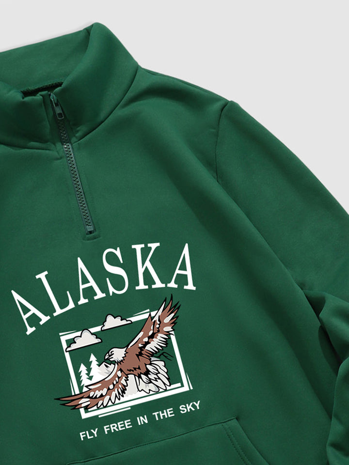 Men's Stand Collar Zip-up Eagle Print Fleece Sweatshirt green