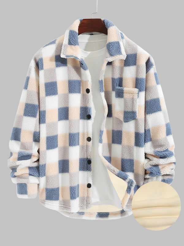 Men's Upgraded Plaid Plush Fleece Pocket Button-Down Lapel Jacket