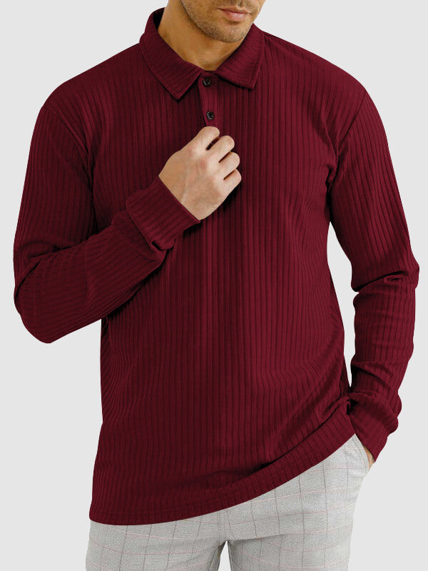 Men's solid color texture business casual POLO long-sleeved T-shirt