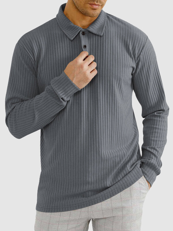 Men's solid color texture business casual POLO long-sleeved T-shirt