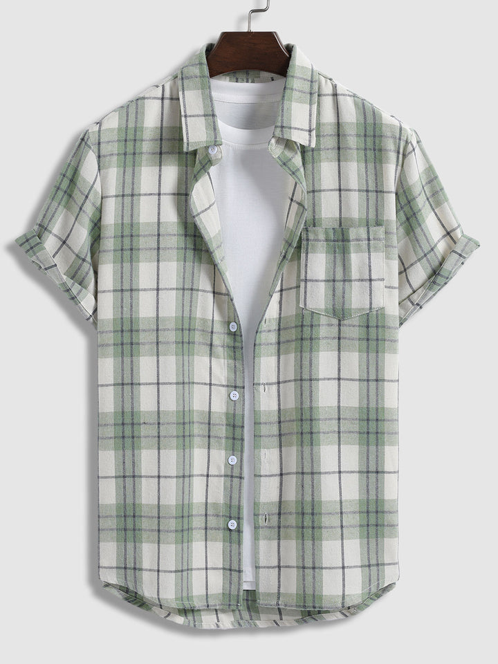 Men's Wool Blend Plaid Casual Slim Fit Short Sleeve Shirt