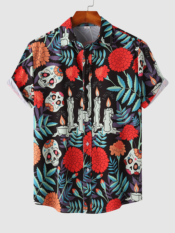 Men's Colorful Skull Flower Print Casual Short Sleeve Shirt