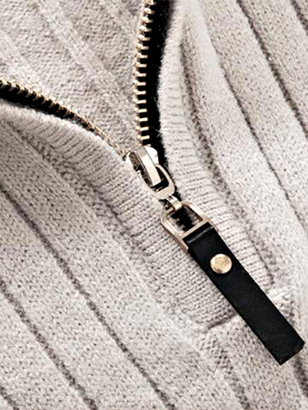 Men's Solid  Cable Casual Zip Stand Collar Sweater