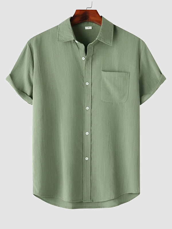 Men's Solid cotton casual lapel solid color short-sleeved shirt