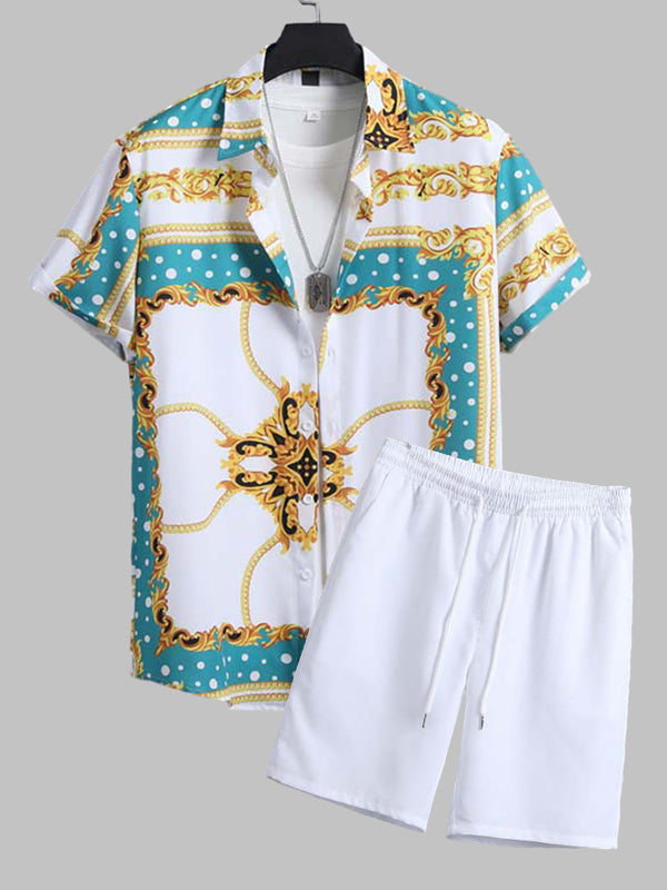 Men's ethnic print casual short-sleeved shirt  shorts set